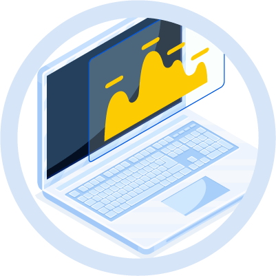 Computer screen with graphic illustration in circle