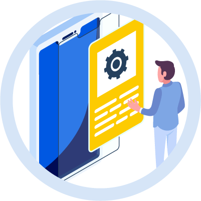 Man at operation screen illustration in circle